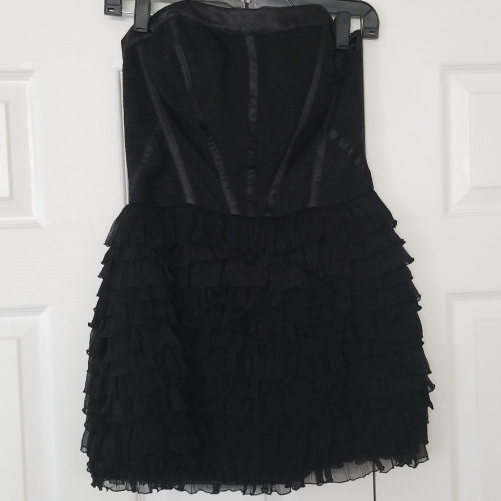 Black strapless ruffled mini dress
